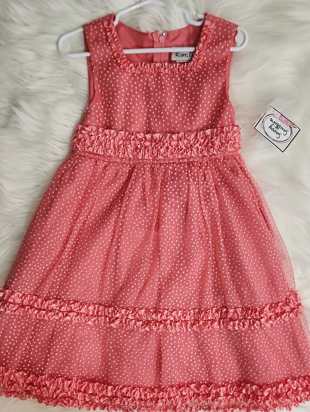 Polka Dot Ruffle Dress - Girls Size: 5 - Brand: Rare Too - Color: Peach/white